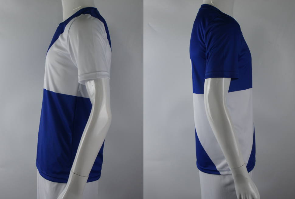 青と白がレッドブルを彷彿させる丸首のスポーツTシャツの左右色違いの袖