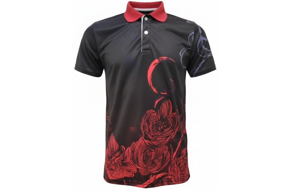 高校スポーツイベント用ポロシャツ | 赤リブ襟・黒地花柄全面昇華プリント | 300枚以上の大口注文対応