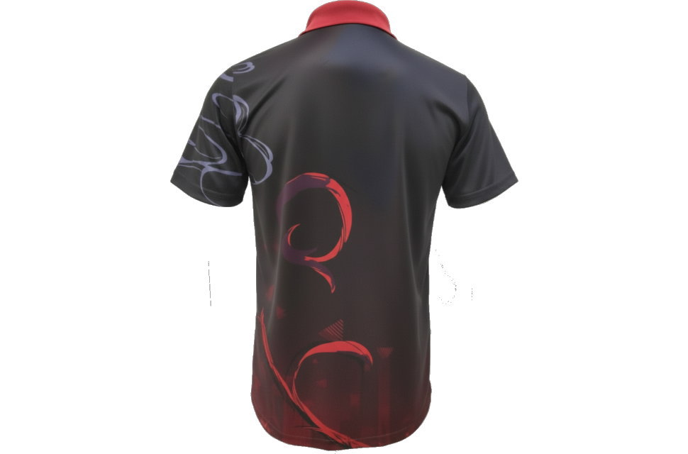 高校スポーツイベント用ポロシャツ背面 | 黒地から赤へのグラデーション柄 | 全面昇華プリント