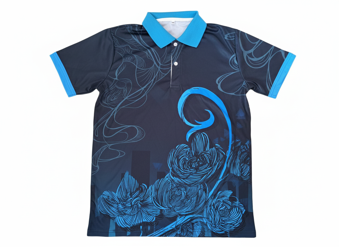 青系の昇華プリントスポーツポロシャツ（正面）。濃紺ベースにスカイブルーの抽象的な花柄。高校のクラスTシャツやeスポーツユニフォーム向けデザイン。