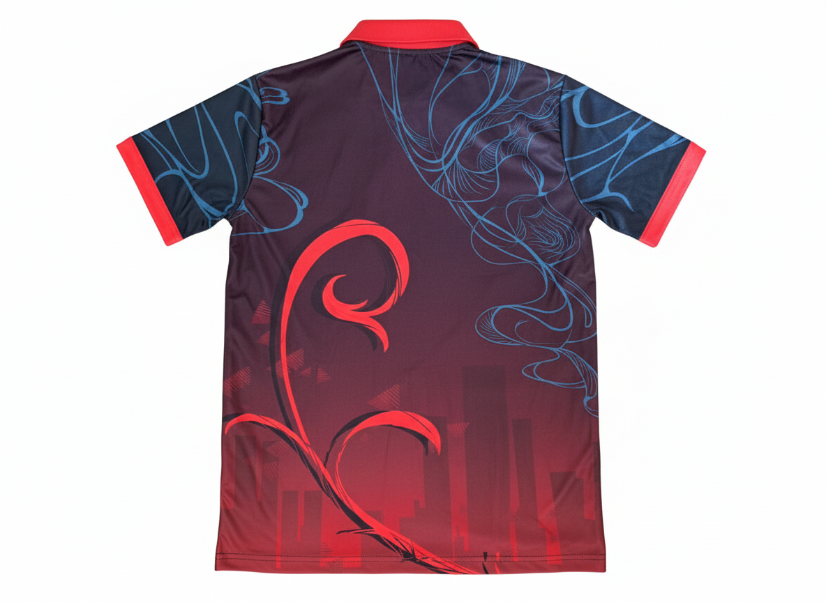 赤系の昇華プリントスポーツポロシャツ（背面）。ダイナミックなレッドのツタモチーフ。短納期で制作可能なオーダーメイドポロシャツ。