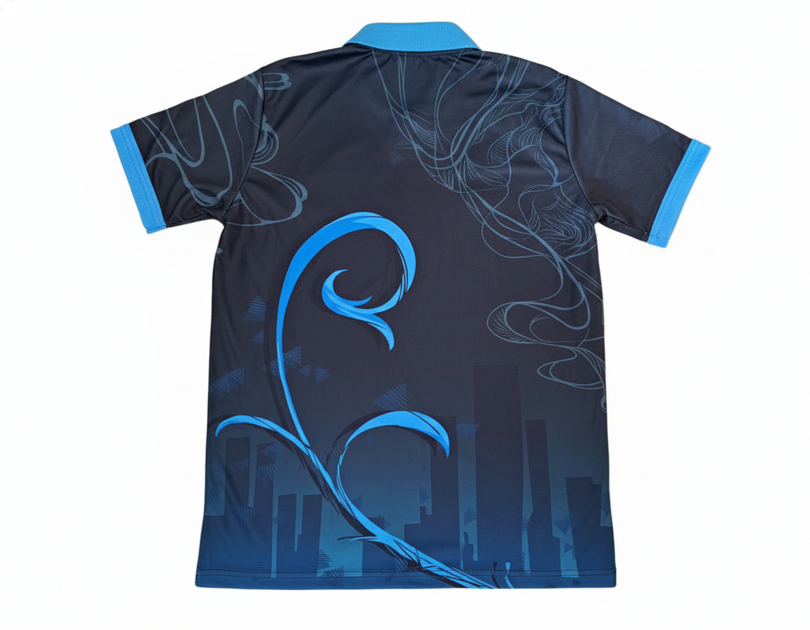青系の昇華プリントスポーツポロシャツ（背面）。スカイブルーのツタモチーフと都会的なビル影のデザイン。サッカー・フットサルチームの移動着に。