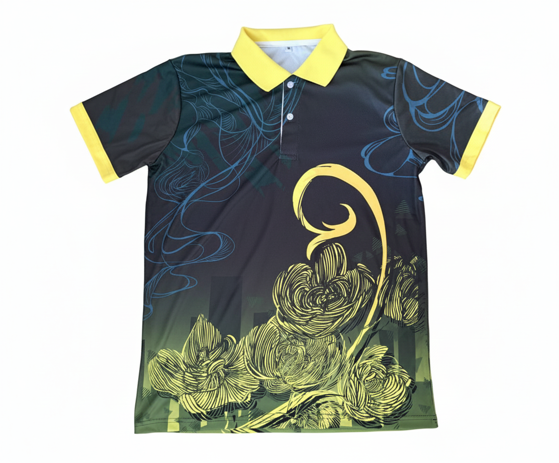 黄系の昇華プリントスポーツポロシャツ（正面）。黒から黄緑へのグラデーションに鮮やかなイエローの花柄。体育祭やイベントTシャツで目立つデザイン。