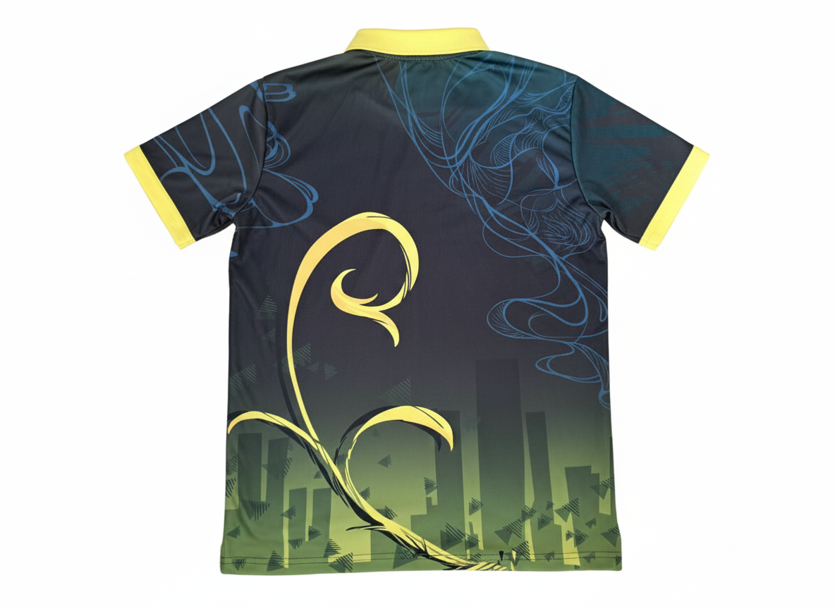 黄系の昇華プリントスポーツポロシャツ（背面）。イエローのツタモチーフと黄緑のビル影。生徒応募で選ばれた個性的で明るいユニフォーム。