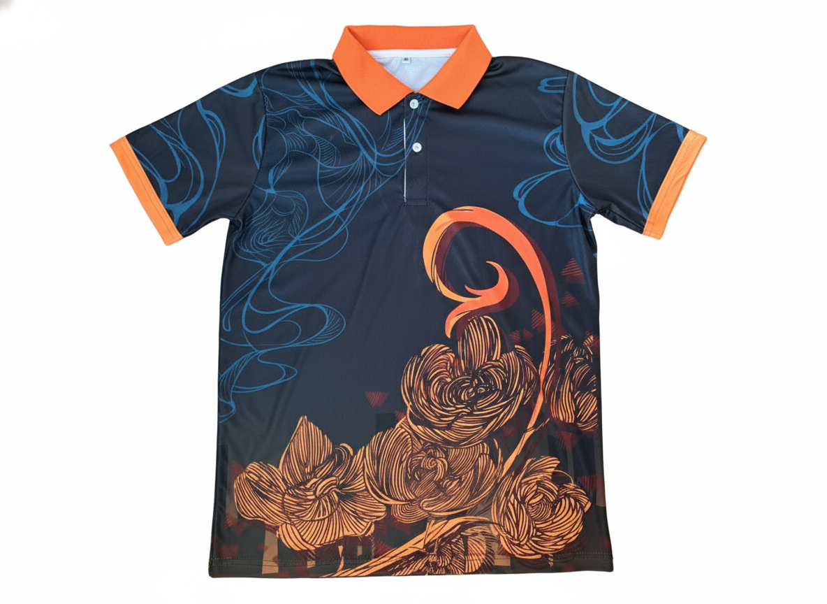 橙系の昇華プリントスポーツポロシャツ（正面）。情熱的なオレンジの花柄と濃紺の組み合わせ。文化祭やバスケットボールチームの練習着に。