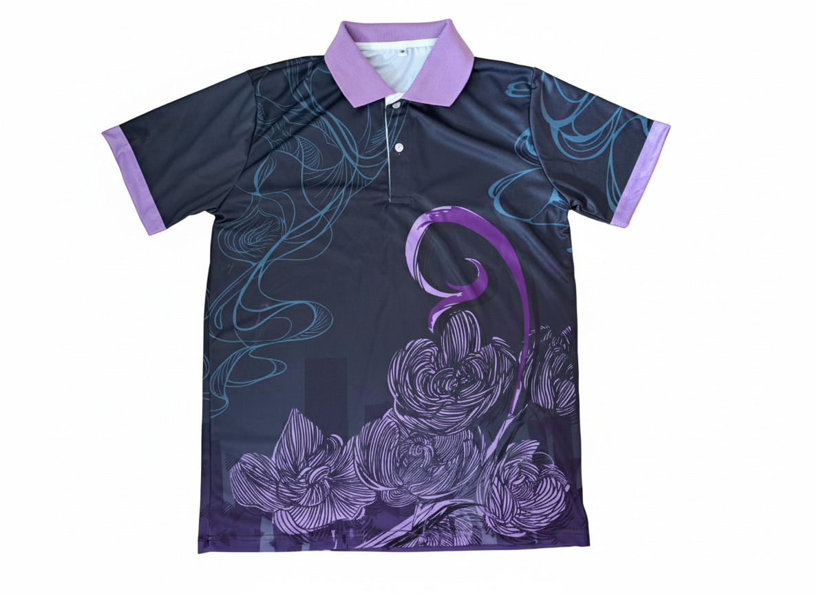 紫系の昇華プリントスポーツポロシャツ（正面）。ラベンダーパープルの花柄と襟がエレガント。高校のクラスTシャツやダンスチーム向けデザイン。