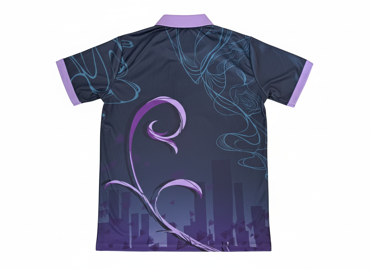 紫系の昇華プリントスポーツポロシャツ（背面）。ミステリアスなパープルのツタとビル影。生徒投票で決定したオリジナルユニフォーム。