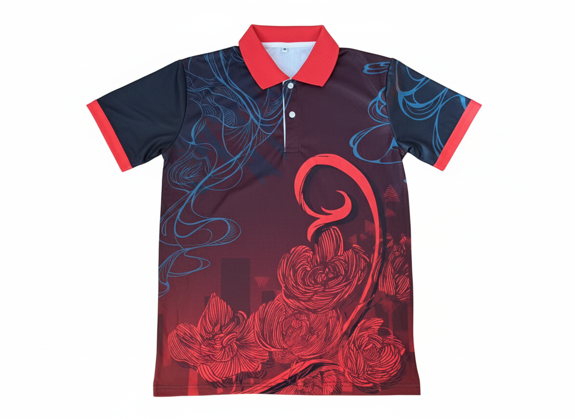 赤系の昇華プリントスポーツポロシャツ（正面）。鮮烈なレッドの花柄と黒のコントラスト。競技性の高いスポーツチームやイベントスタッフ向け。