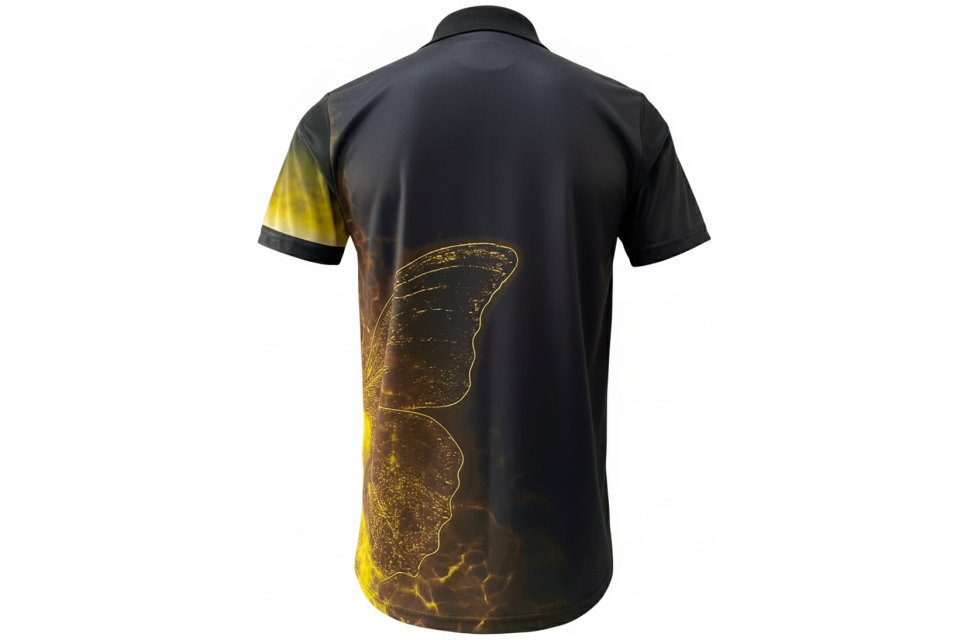 昇華プリント ポロシャツ型ユニフォーム cl430型 背面（イエロー/ゴールド）。黒/チャコールグレーの生地に、背中全体に広がる金色の稲妻・バタフライグラフィックをプリント。