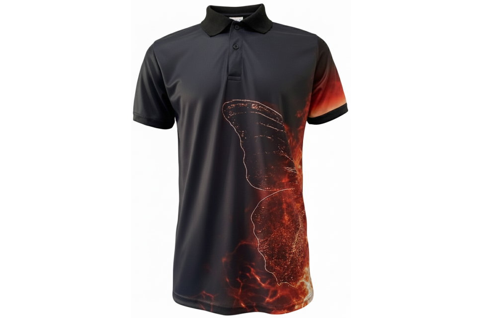 昇華プリント ポロシャツ型ユニフォーム cl430型 前面（レッド）。黒/チャコールグレーの生地に、鮮やかな赤色の炎・バタフライモチーフをプリント。フットサル、スポーツイベントに最適。
