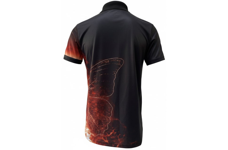 昇華プリント ポロシャツ型ユニフォーム cl430型 背面（レッド）。黒/チャコールグレーの生地に、背中全体に広がる赤色の炎・バタフライモチーフをプリント。
