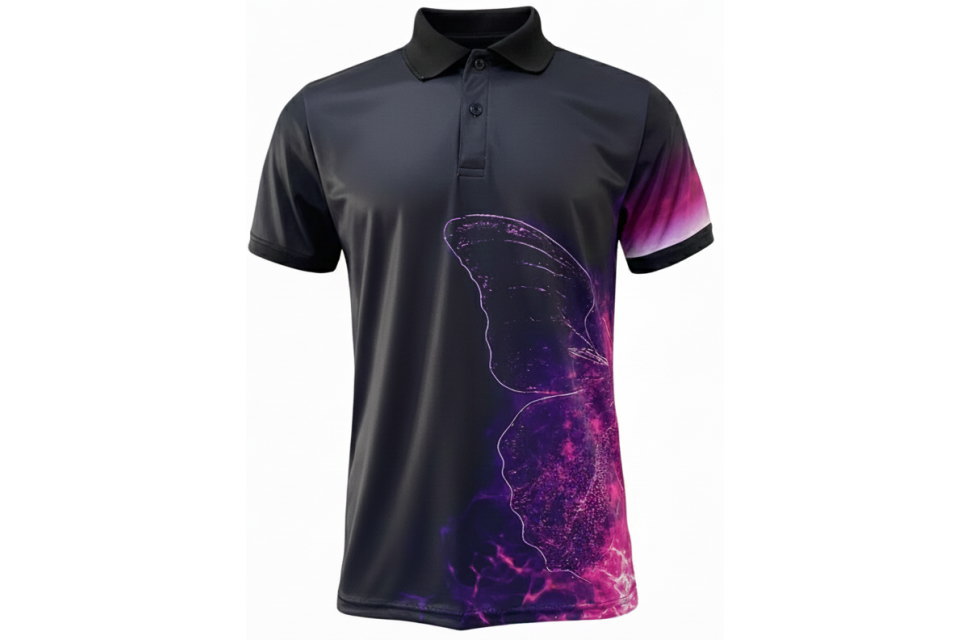 昇華プリント ポロシャツ型ユニフォーム cl430型 前面（パープル）。黒/チャコールグレーの生地に、紫（マゼンタ）のデジタルノイズ風バタフライモチーフをプリント。個性的、近未来的デザイン。