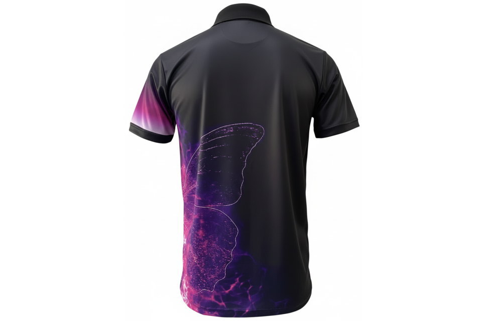 昇華プリント ポロシャツ型ユニフォーム cl430型 背面（パープル）。黒/チャコールグレーの生地に、背中全体に広がる紫（マゼンタ）のデジタルノイズ風バタフライモチーフをプリント。