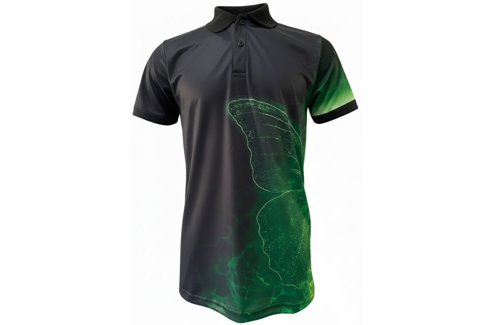 昇華プリント ポロシャツ型ユニフォーム cl430型 前面（グリーン）。黒/チャコールグレーの生地に、エメラルドグリーンの蝶の羽・ネオン風グラフィックをプリント。サッカー、クラスTシャツにおすすめ。