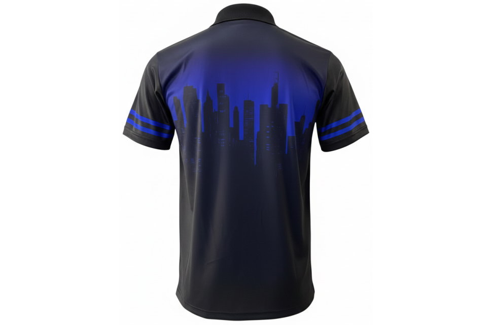 黒いポロシャツの背面。背中全体に青のグラデーションと都会のシルエットが大きく描かれたデザイン。チームの存在感を示すカスタムウェア。