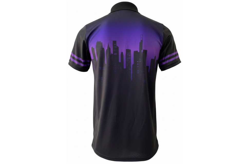 黒いポロシャツの背面。背中に紫のグラデーションと都会の夜景シルエットが大きく入ったデザイン。ファッション性の高いユニフォーム。