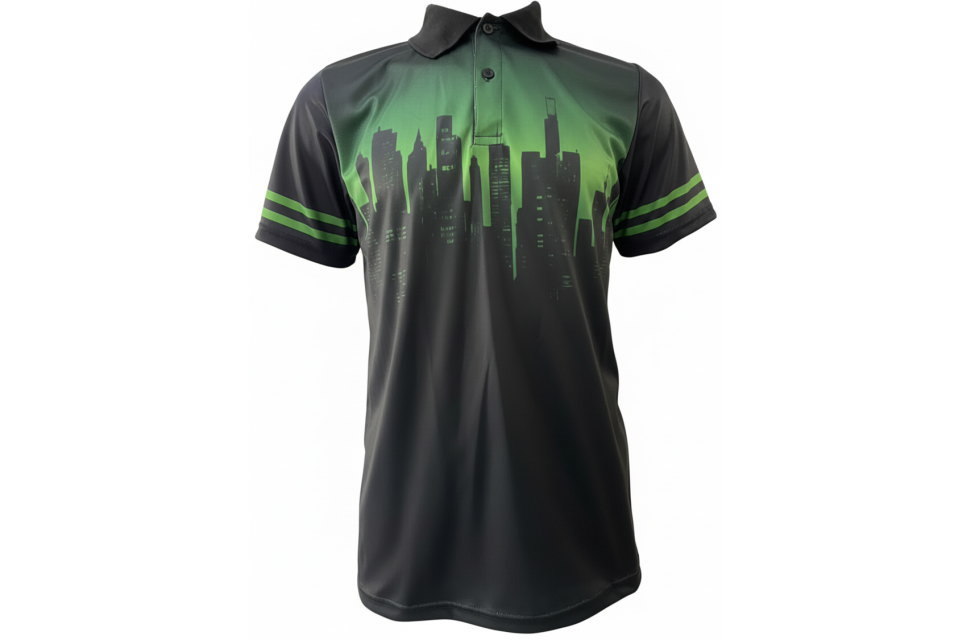 黒いポロシャツの前面。グリーンのグラデーションとビル群のシルエットが特徴。エネルギッシュでフレッシュな印象のチームウェア。