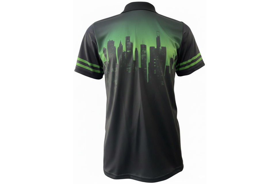 黒いポロシャツの背面。背中全体にグリーンのグラデーションと都会のシルエットがデザインされた高機能性ウェア。速乾素材。