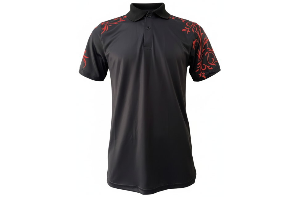 黒色の高機能ポロシャツの正面。情熱的なレッド（赤）のトライバル模様が肩と袖に入ったデザイン。eスポーツやイベントスタッフ用ユニフォーム。