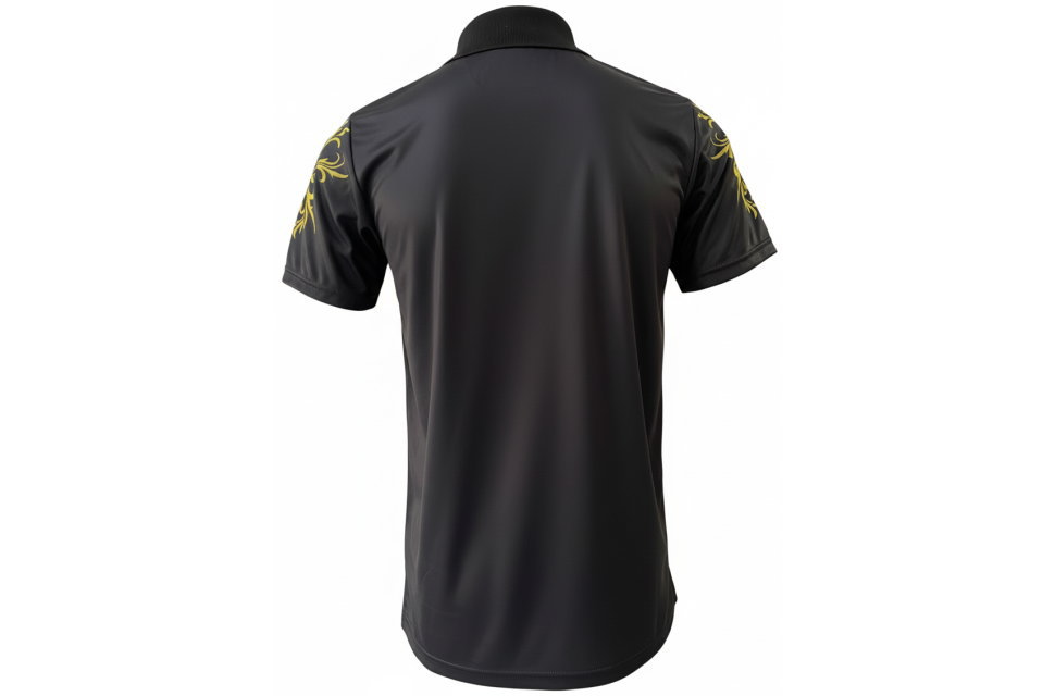 黒色ポロシャツの背面。肩甲骨付近と袖に豪華なゴールドの唐草模様が入ったデザイン。高級感のあるスポーツウェア背面。