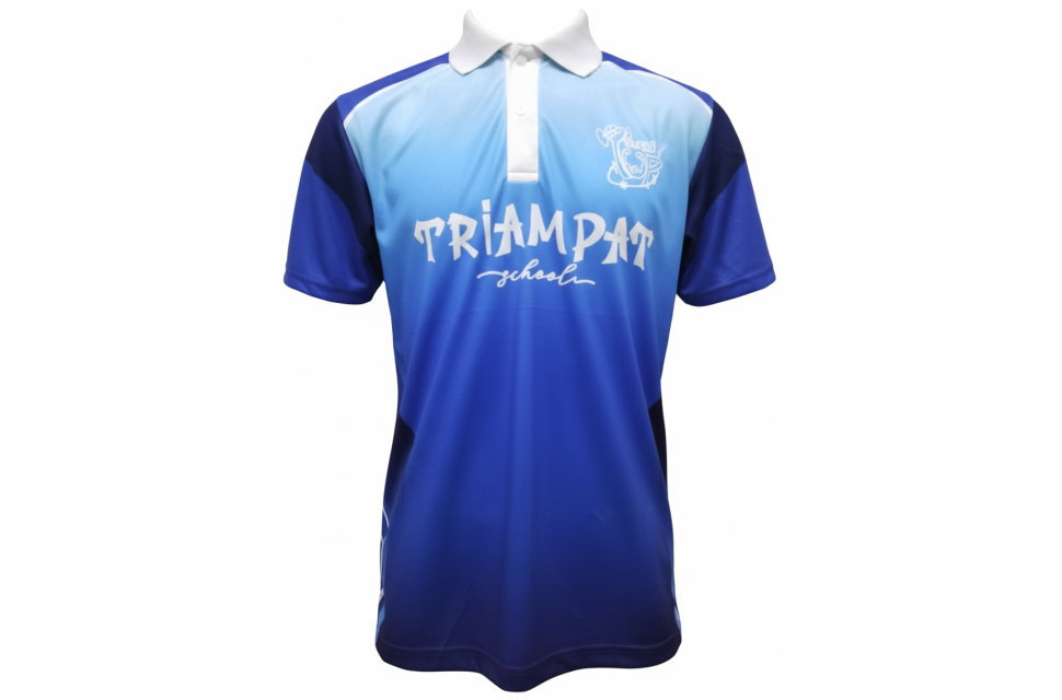 青と水色のグラデーションが爽やかなポロシャツ型ユニフォーム、正面。学校ロゴ入りカスタムクラスTシャツ。