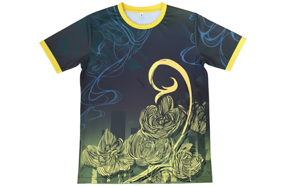 クラスTシャツ 黄緑 ネオンイエロー バラ柄 ストリート グラデーション フットサルユニフォーム 正面