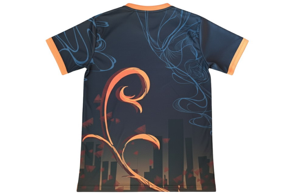 サッカーユニフォーム オレンジ 夕焼け ツタ柄 黒 昇華プリント スポーツ 背面