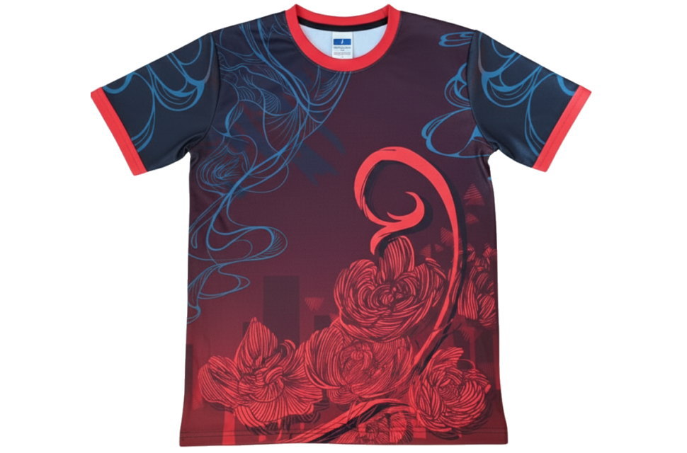 サッカーユニフォーム 赤 レッド バラ柄 情熱的 昇華プリント チームウェア 正面