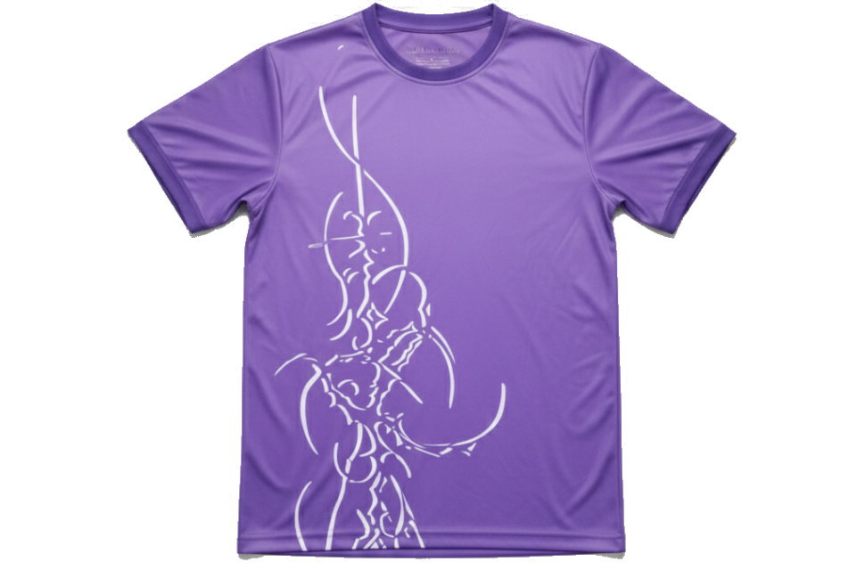 紫色の丸首Tシャツの前面。白の抽象的なラインアートが全体に昇華プリントされたデザインTシャツ。体育祭、学校祭のクラスTシャツ、速乾性ポリエステル素材。