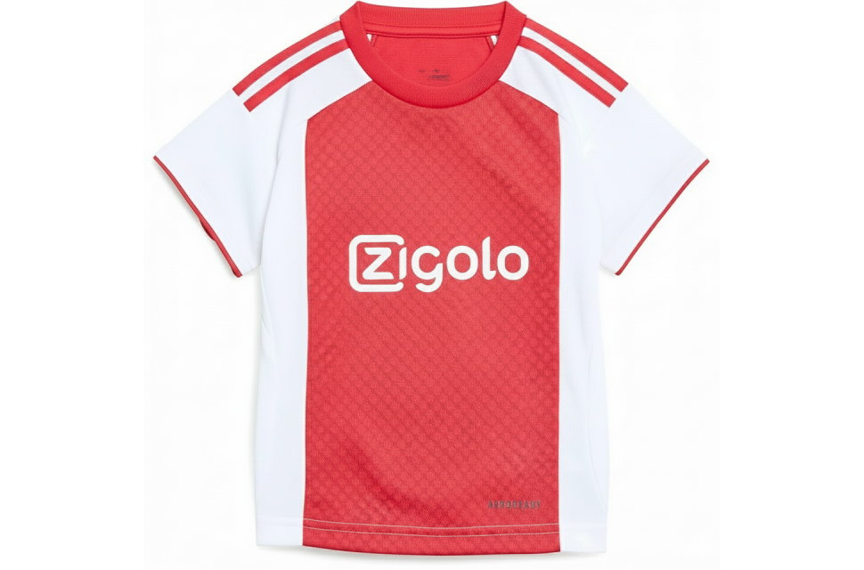 アヤックス風デザインのクラスTシャツ表面。赤と白の全面昇華プリントに丸首仕様、胸元にはZigoloのロゴを配置したサッカーユニフォーム風デザイン。