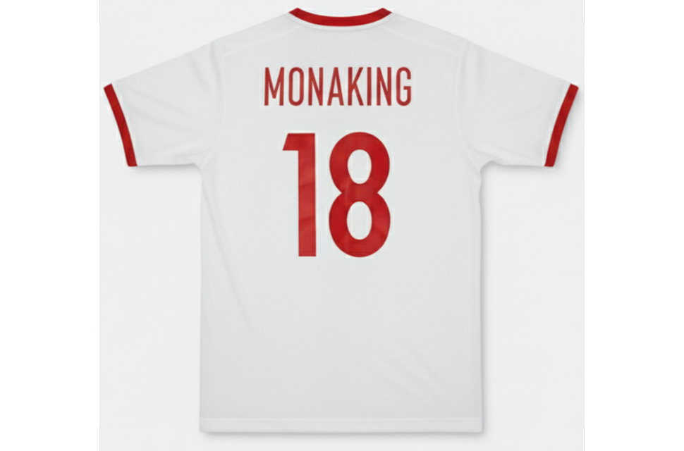 クラスTシャツの背面デザイン。南野拓海選手にちなんだMONAKINGの背ネームと背番号18が赤い昇華プリントで印字されている。生徒一人ひとり別の名前をプリント可能なオーダーメイド仕様。