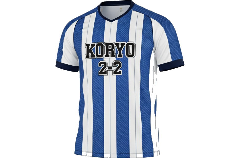 久保建英選手所属のレアルソシエダをイメージした丸首サッカーユニフォーム。体育祭や文化祭で映える全面プリントのクラスTシャツデザイン案。