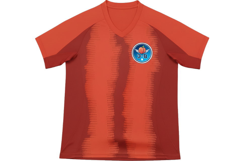 岡山県の高校生がデザインしたバイエルンミュンヘン2024-25風のクラスTシャツ。全面昇華プリントによる赤のグラデーションが特徴のVネックサッカーユニフォーム前面デザイン。