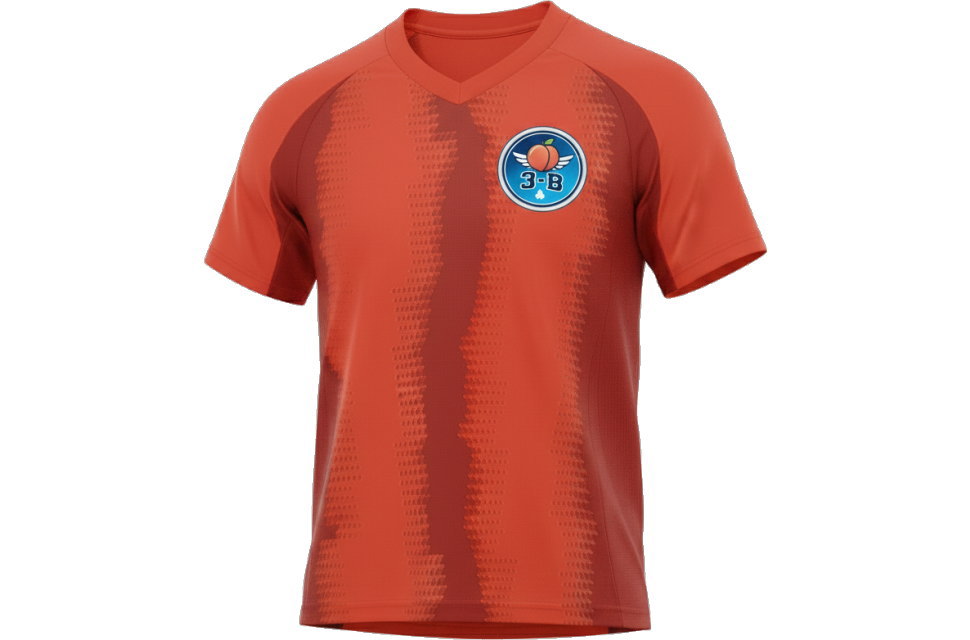 バイエルン風デザインのサッカーユニフォーム。3Dイメージで見るVネックの形状と左胸のオリジナルクラスロゴ。岡山県の学校行事やスポーツチームに人気の高い高機能ポリエステル素材。