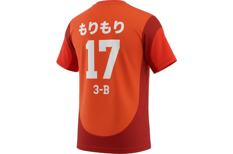 斜め後ろから見たクラスTシャツ。一人ひとり個別の背ネームを昇華プリントで再現。剥がれない・色落ちしない高品質なプリント技術で製作されたサッカーユニフォームのバックスタイル。