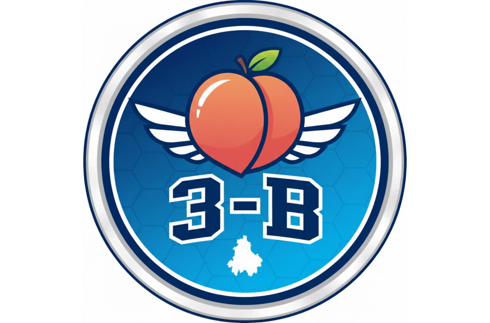 岡山県の生徒様デザインによるクラスオリジナルロゴの拡大。桃と翼をモチーフに、岡山県のシルエットを配置した精巧なエンブレム。フルカラー昇華プリントの細部再現力を紹介。