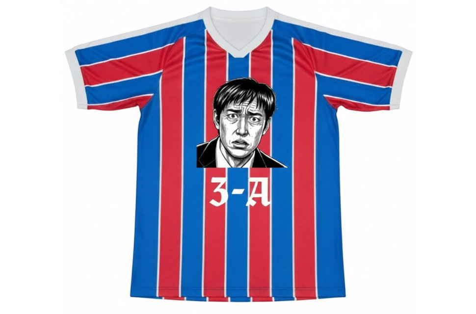 クリスタルパレス風デザインのクラスTシャツ前面。赤と青のストライプに担任教師の似顔絵ロゴをフルカラー昇華プリントした制作事例。