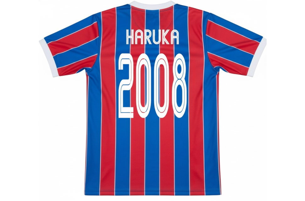 クラスTシャツ背面デザイン。昇華プリントによる個人名のネーム入れと4桁の背番号2008を印刷したサッカーユニフォーム風の背面仕上げ。