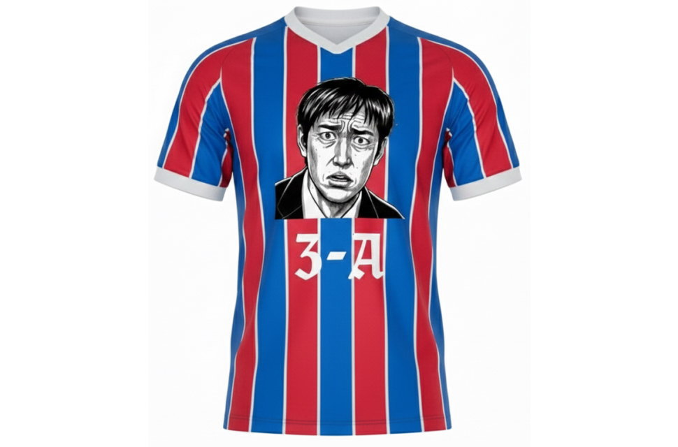 3DモデルによるクラスTシャツ前面イメージ。イングランドプレミアリーグ風のVネックサッカーシャツにクラス番号3-Aとオリジナルロゴを配置。