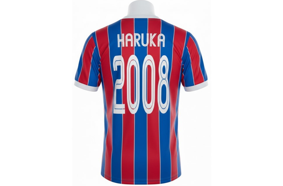 3DモデルによるクラスTシャツ背面イメージ。赤青の縦縞デザインに白縁取りのフォントで名前と番号をプリントしたスタイリッシュなバックスタイル。