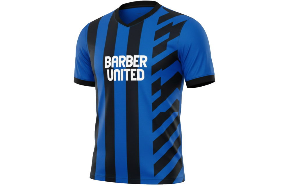 サッカーユニフォームの背面デザイン。白い背番号14と背ネーム、裾にメッセージをプリントしたインテル風カスタムシャツ。剥がれない昇華プリント仕様。