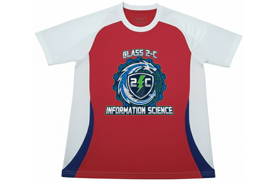 アーセナル2024-25風デザインのクラスTシャツ。愛知県の高校から制作依頼を受けた、赤と白の全面昇華プリントサッカーユニフォーム。中央に情報科学科のオリジナルロゴ入り。