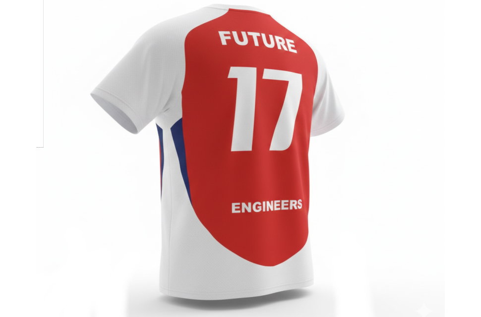 背番号とメッセージが際立つサッカーユニフォーム風クラスTシャツの背面斜めショット。4桁の数字や漢字・ひらがなの背ネームプリントにも対応した高クオリティな昇華プリント。