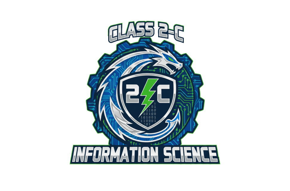 情報科学科クラスTシャツのオリジナルロゴ拡大図。ドラゴンと回路図、稲妻をモチーフにした精細なグラフィック。昇華プリントによる色鮮やかで剥がれないエンブレム再現。