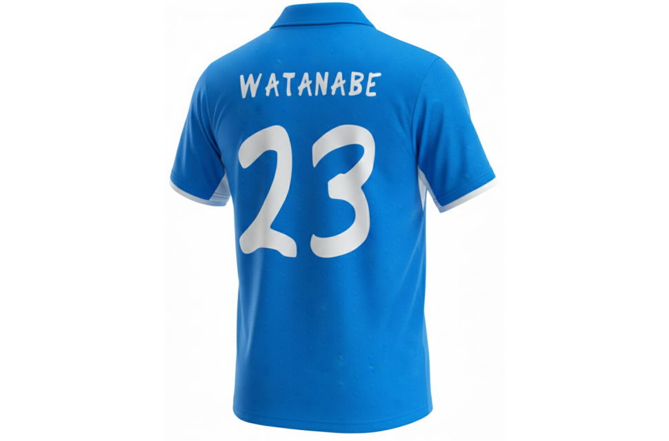 サッカーユニフォーム背面の斜め3Dビュー。背ネームと背番号の配置バランスが確認できる、大学サークルやフットサルチームに人気のナポリスタイルユニフォーム。