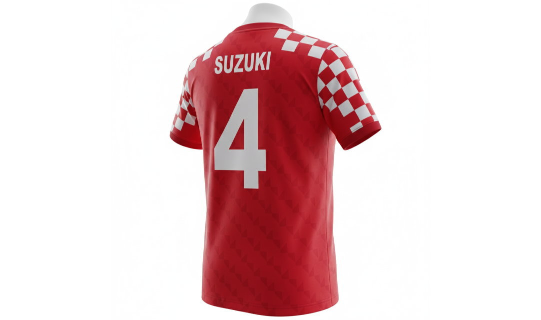 マインツ風ユニフォームの背面ディテール。袖のブロックチェックと背番号が立体的に見える、大学サークルやイベントに人気のスポーツウェア。