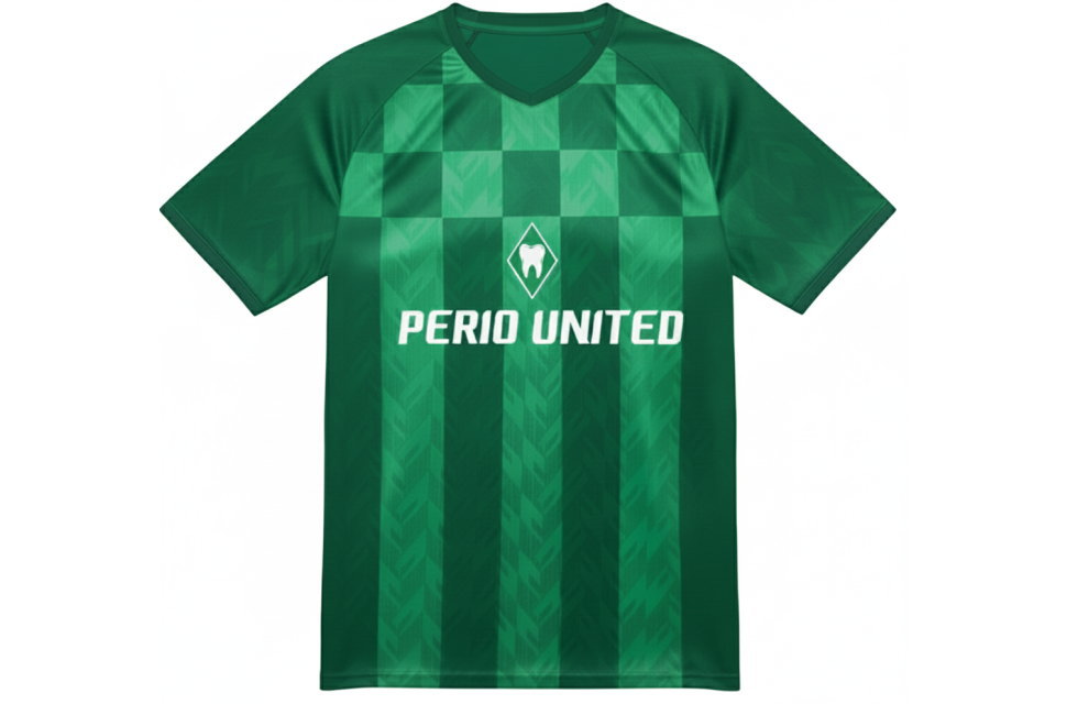 ブレーメン2024-25風サッカーユニフォーム前面デザイン。全面昇華プリントのグリーンシャツ。