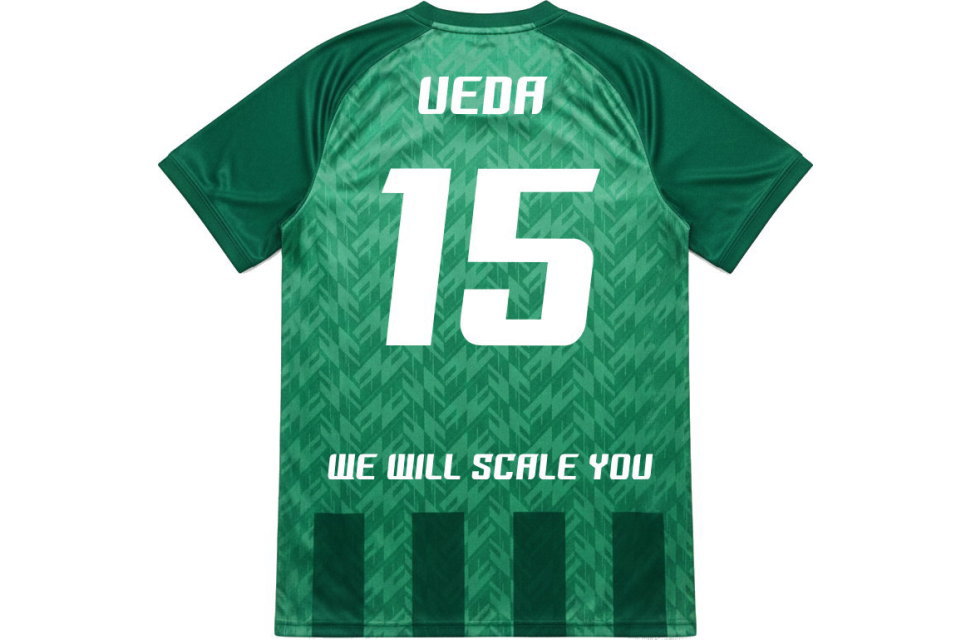 ヴェルダー・ブレーメン2024-25シーズンモデル サッカーユニフォーム背面、背番号15とUEDAの名前、裾にWE WILL SCALE YOUのメッセージ