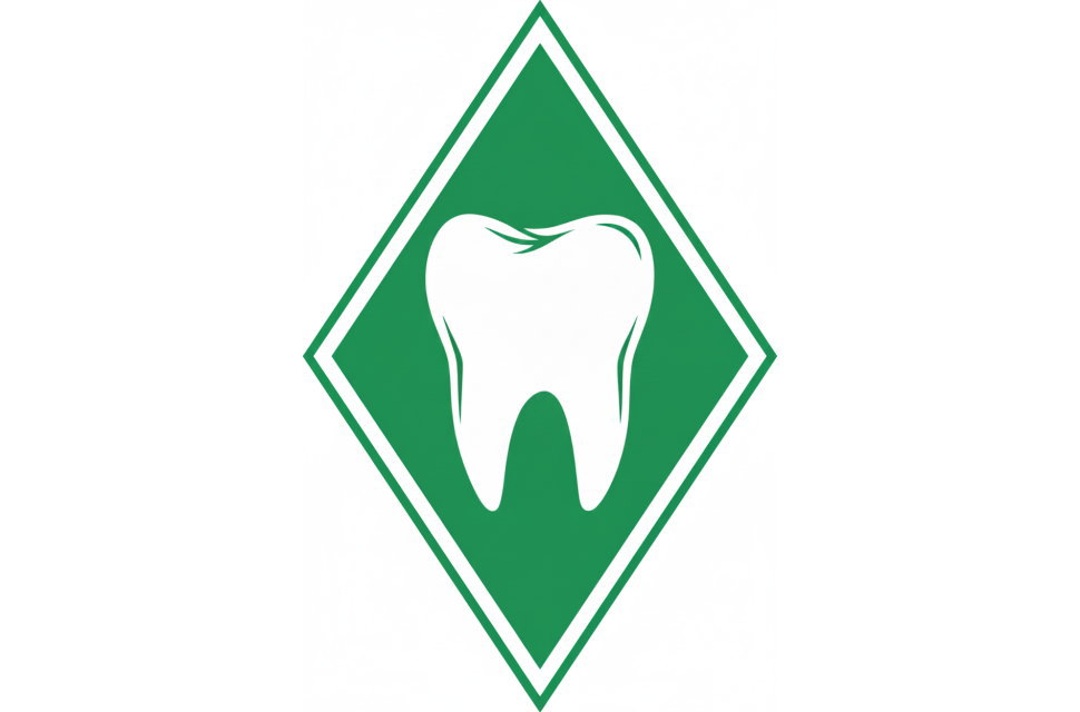 歯科チーム向けオリジナルロゴマーク。ダイヤ型に歯をモチーフにした白いエンブレム。