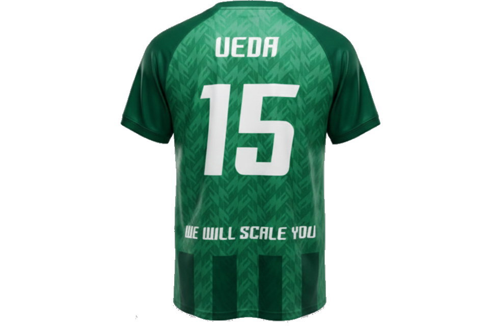 ヴェルダー・ブレーメン2024-25シーズンモデル 背番号15 UEDAとプリントされたサッカーユニフォーム背面の3Dモックアップ